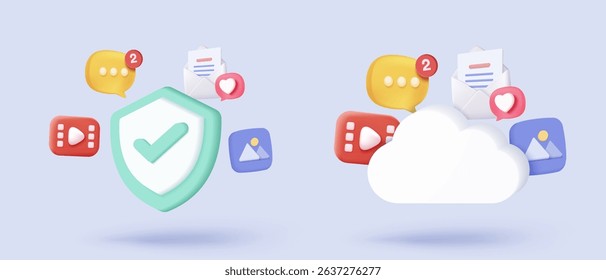 3d data protection privacy icon signs with cyberspace secure digital cloud buttons. checkmark shield password secret personal database account. 3d data file privacy icon vector render illustration
