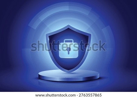 3d data protection with shield in podium. Cyber security design concept.