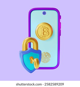 3d Data Security Cartoon Design Style Crypto Currency Concept Smartphone with Protection Shield and Padlock . Vector illustration of Cryptocurrency