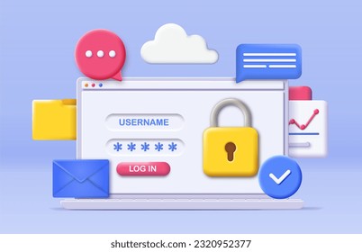 3D data security vector concept. Login and password, authorization and verification in social networks and Internet. Security of information and personal data. Isometric illustration