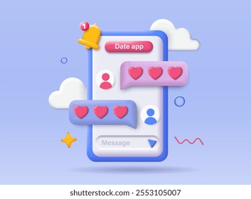 3D date app. Smartphone with love messages. Application for virtual romantic dates. Chat in social networks and messengers. Isometric vector illustration isolated on blue background