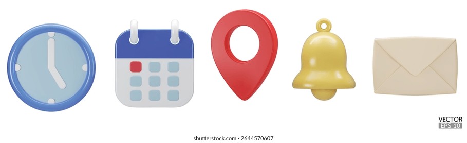 3D Date, time, address,  notification bell and mail icon set.  3D vector illustration