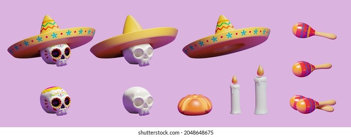 3d Day of the dead elements set including sugar skulls with sombrero hats, burning candles, bread of the dead and shaker instruments