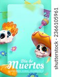 3D Day of the Dead glassmorphism background template. Skulls, maracas, marigold, pan de muerto, and flowers in front of glass overlay on cyan background.