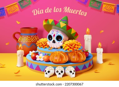 3d Día del afiche muerto.3d Calavera de azúcar ilustrada, caléndula, pan, decoraciones en un pedestal de exhibición. Fiesta de dia de los muertos.