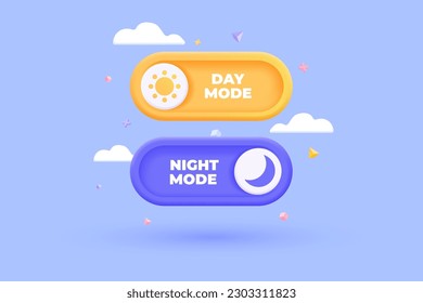 3D Day and night mode switch icon set. On Off or Light and Dark toggle buttons. Daymode and nightmode. Mobile app interface. Cartoon creative design icon isolated on white background. 3D Vector svg