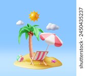 3D Deck Chair, Swim Ball, Starfish and Tropical Palm Tree. Tropical Island. Render Concept of Summer Vacation. Summer Holiday, Time to Travel. Beach Relaxation. Realistic Vector Illustration