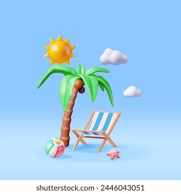 Silla de cubierta 3D, bola de baño, estrella de mar y palmera tropical. Render Concepto de vacaciones de verano. Festiva de verano, hora de viajar. Playa Relajación. Ilustración vectorial realista