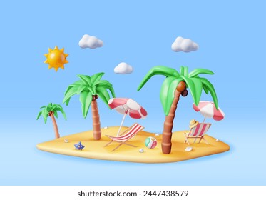 Silla de cubierta 3D, bola de baño, estrella de mar y palmera tropical. Isla tropical. Render Concepto de vacaciones de verano. Festiva de verano, hora de viajar. Playa Relajación. Ilustración vectorial realista