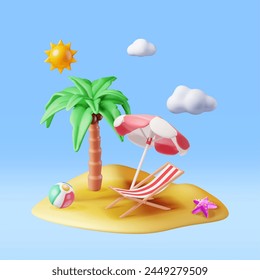 3D Deck Chair, Swim Ball, Starfish and Tropical Palm Tree. Tropical Island. Render Concept of Summer Vacation. Summer Holiday, Time to Travel. Beach Relaxation. Realistic Vector Illustration