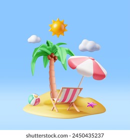 Silla de cubierta 3D, bola de baño, estrella de mar y palmera tropical. Isla tropical. Render Concepto de vacaciones de verano. Festiva de verano, hora de viajar. Playa Relajación. Ilustración vectorial realista