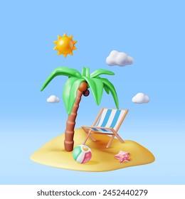 Silla de cubierta 3D, bola de baño, estrella de mar y palmera tropical. Isla tropical. Render Concepto de vacaciones de verano. Festiva de verano, hora de viajar. Playa Relajación. Ilustración vectorial realista