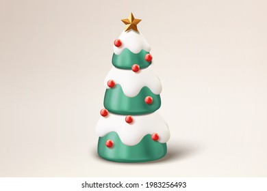 3d decorated Christmas tree. Illustration of Xmas tree covered with snow, red baubles and a golden star on top of it