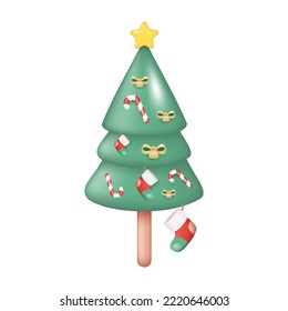 3D Decorated Christmas Tree with Santa Stockings. Vector Illustration Isolated on White Background