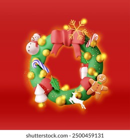 3D decorated christmas wreath. Render fir evergreen wreath with holly leaves, baubles, gift boxes, gingerbread man. New year decoration. Christmas holiday. New year xmas. Vector illustration