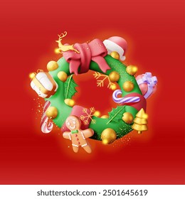 3D decorated christmas wreath. Render fir evergreen wreath with holly leaves, baubles, gift boxes, gingerbread man. New year decoration. Christmas holiday. New year xmas. Vector illustration