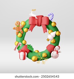 Corona de Navidad decorada en 3D. Render para corona de hoja perenne con hojas de acebo, chucherías, cajas de regalo, hombre de jengibre. Decoración del año Nuevo. Navidades de vacaciones. Nuevo año de Navidad. Ilustración vectorial