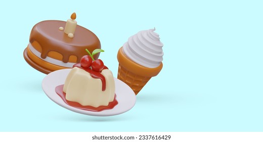 3D dekorierte kalte Sommernachspeisen. Eis, Kuchen, Panna Cotta. Floating-Objekte auf blauem Hintergrund. Süßigkeiten für Sommerurlaub. Ort für Logo, Slogan, Angebot