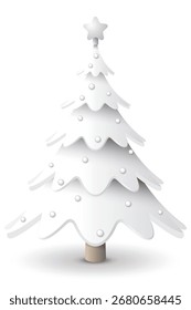 3D dekorierter weißer Weihnachtsbaum einzeln auf weißem Hintergrund, grafische Illustration.
