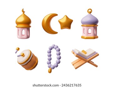 3D decoration lanterns, golden crescent moon with star, rosary chaplet, Koran book and drum. Cartoon Islamic Ramadan religion symbols set. Vector render Arabian vintage design elements isolated