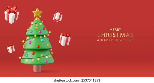 3d Decorative christmas tree with presents. xmas tree, balls, lights and gift box for holiday season celebration. Merry Christmas and Happy New Year.3d rendering. Vector illustration