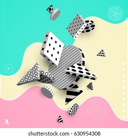 3D decorative elements with space for text. Black and white geometric shapes on a colored background. Abstract colorful poster. Vector illustration