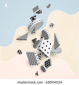 3D decorative elements with space for text. Black and white geometric shapes on a colored pastel background. Abstract colorful poster. Vector illustration