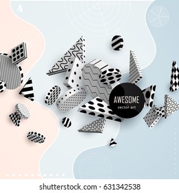 3D decorative elements with space for text. Black and white geometric volumetric shapes on a colored pastel background. Abstract colorful poster. Vector illustration 