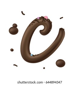 3D decorative font from dark chocolate with drops isolated on white background. Dessert cream letter. Realistic vector illustration.