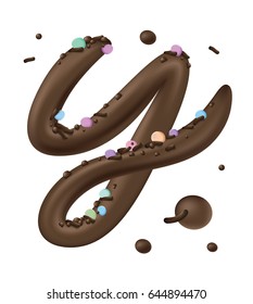 3D decorative font from dark chocolate with drops isolated on white background. Dessert cream letter. Realistic vector illustration.