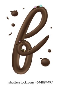3D decorative font from dark chocolate with drops isolated on white background. Dessert cream letter. Realistic vector illustration.