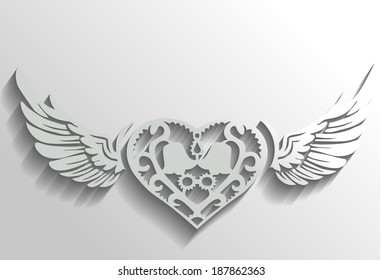 3D Decorative heart and wings with shadow, isolated on light, vector