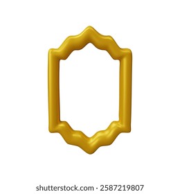 3D decorative vector frame. Golden shiny window silhouette. Vintage yellow arch border design. Realistic gold gate in Arabic style. Traditional western and Islamic shape. Render oriental architecture