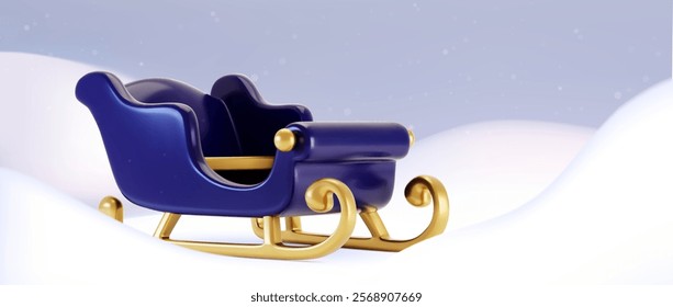 3d deep blue sleigh with golden ornate runners on snowy winter background - traditional transport with curved metallic details on white drifts and falling snowflakes. Christmas festive design.