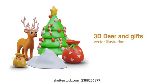 ciervo 3D, árbol de Navidad decorado, deriva de nieve, bolsas con regalos. Santa Helper. Concepto de entrega de vacaciones. Transporte de invierno. Sorpresas para las vacaciones de Año Nuevo