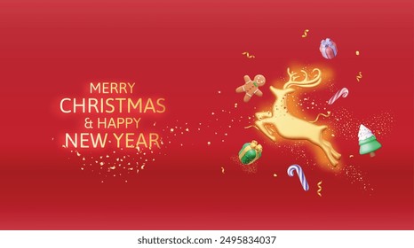 3D Deer with Golden Horns and Christmas Tree. Render Happy New Year Decoration Banner. Merry Christmas Holiday. New Year and Xmas Celebration. Realistic Vector Illustration