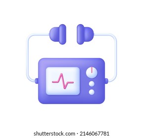 Desfibrilador 3D aislado en fondo blanco. Dispositivo médico. Terapia electrocardiográfica de trastornos del ritmo cardíaco. Se puede usar para muchos fines. Vector moderno y de moda en estilo 3d.