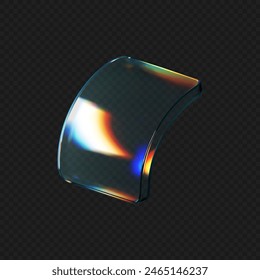 3d deform glass crystal liquid figure with rainbow reflection light isolated on dark background. Transparent flying 3d curvy glass square shapes or button with hologram gradient. 3d vector figure