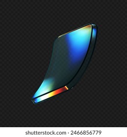 3d deform glass crystal liquid figure with rainbow reflection light isolated on dark background. Transparent flying 3d curvy glass square shapes or button with hologram gradient. 3d vector figure