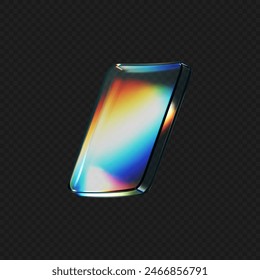 3D Deform Glas Kristall Flüssigfigur mit Regenbogen Reflexion Licht isoliert auf dunklem Hintergrund. Transparent fliegende 3D-kurvige Glas quadratische Formen oder Button mit Hologramm-Gradient. 3D-Vektorgrafik