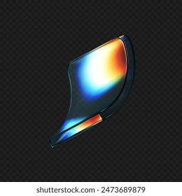 3d deform glass crystal liquid figure with rainbow reflection light isolated on dark background. Transparent flying 3d curvy glass square shapes or button with hologram gradient. 3d vector figure