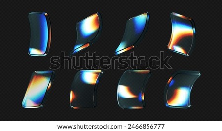 3d deform glass crystal liquid figure set with rainbow reflection light isolated on dark background. Transparent flying 3d curvy glass square shapes or button with hologram gradient. 3d vector figure