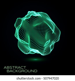 3D deformed glowing sphere consists of particles. Sphere Illustration. Technology concept. Vector illustration for science, technical design