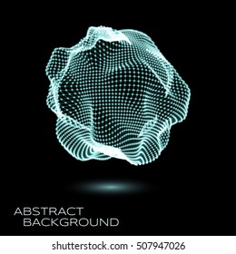 3D deformed glowing sphere consists of particles. Sphere Illustration. Technology concept. Vector illustration for science, technical design.