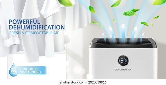 3d dehumidifier or air purifier ad template. Powerful air flows and natural leaves coming from the appliance to dry the clothes. Concept of healthy air for home environment.