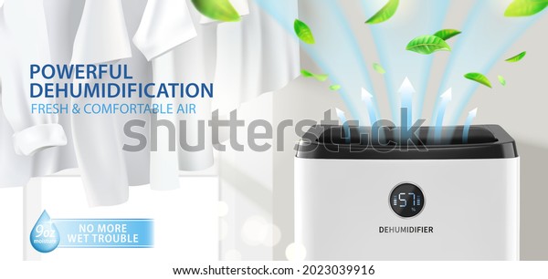 3d\
dehumidifier or air purifier ad template. Powerful air flows and\
natural leaves coming from the appliance to dry the clothes.\
Concept of healthy air for home\
environment.