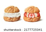 3d delicious cream puffs isolated on white background, one only with whipped custard and the other with fresh strawberries.