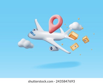 3D Delivery Airplane and Cardboard Boxes Isolated on White. Render Express Delivering Services Commercial Plane. Concept of Fast and Free Delivery by Aircraft. Cargo and Logistic. Vector Illustration