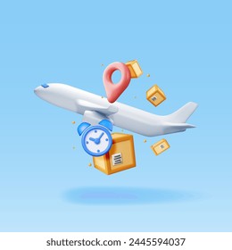 3D Delivery Airplane and Cardboard Boxes Isolated. Render Express Delivering Services Commercial Plane. Concept of Fast and Free Delivery by Aircraft. Cargo and Logistic. Vector Illustration