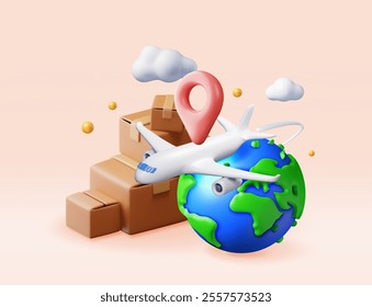 3D delivery airplane, globe and cardboard box Isolated. Render express delivering services commercial plane. Concept of fast and free delivery by aircraft. Cargo and logistic. Vector illustration